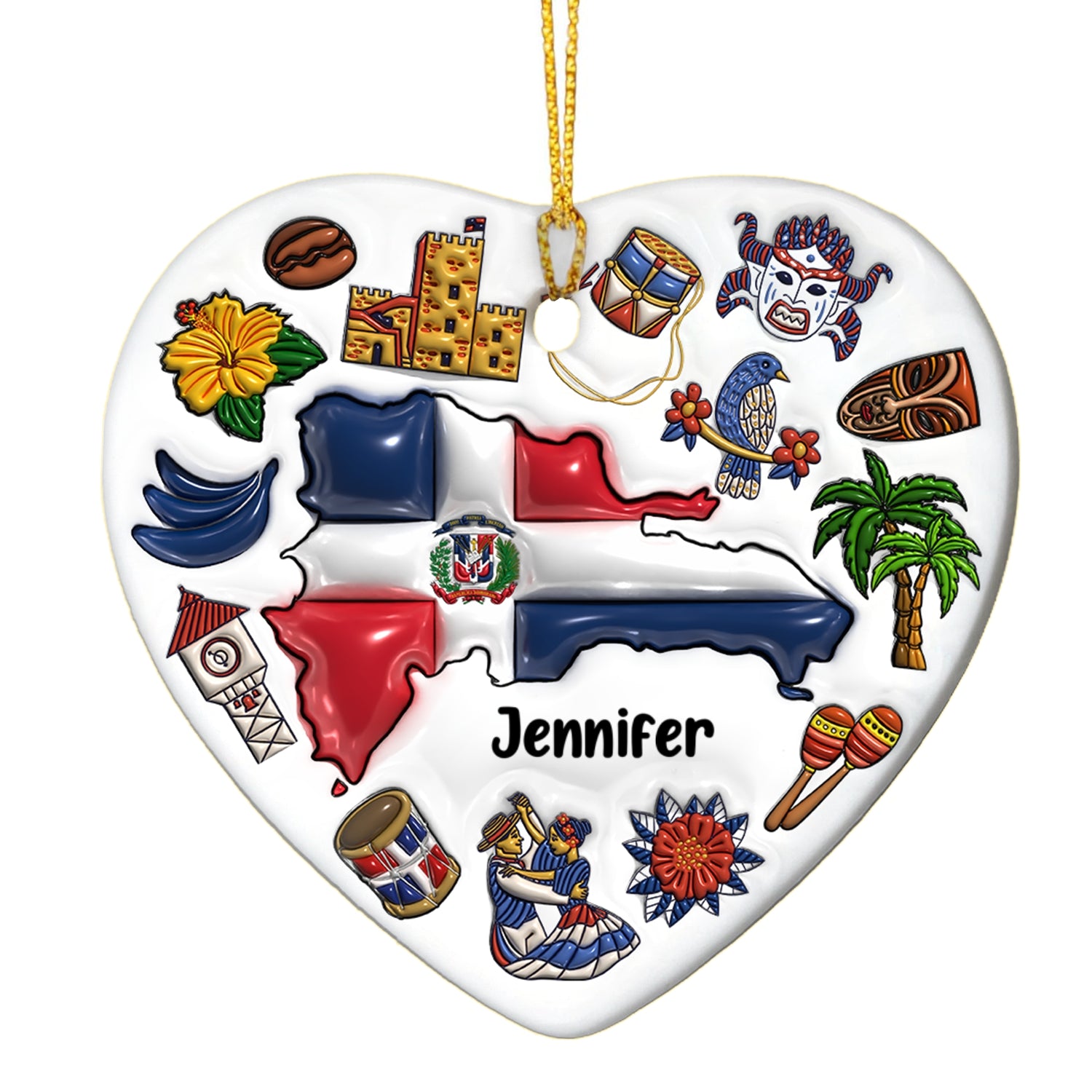 Custom Dominican Republic Heart Ornament With Many Symbols