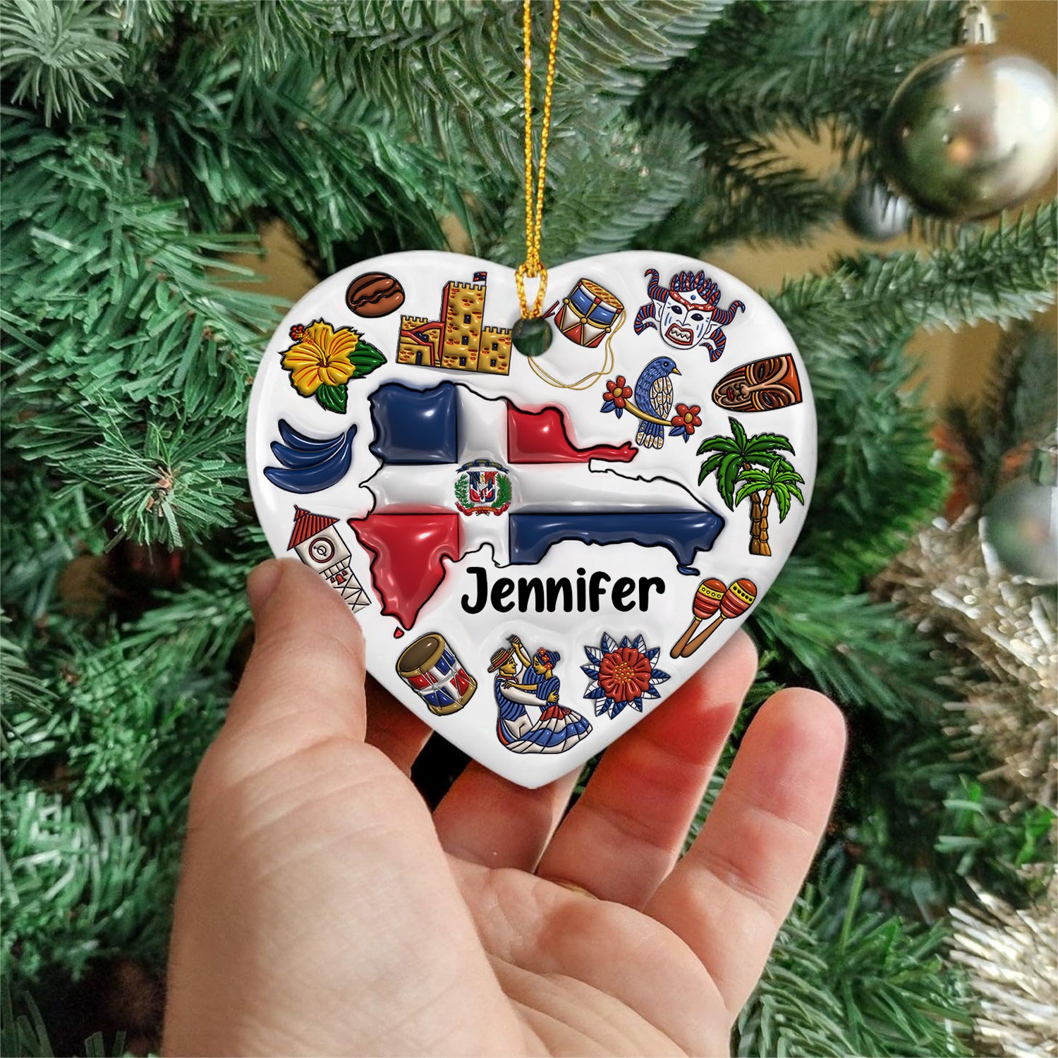 Custom Dominican Republic Heart Ornament With Many Symbols