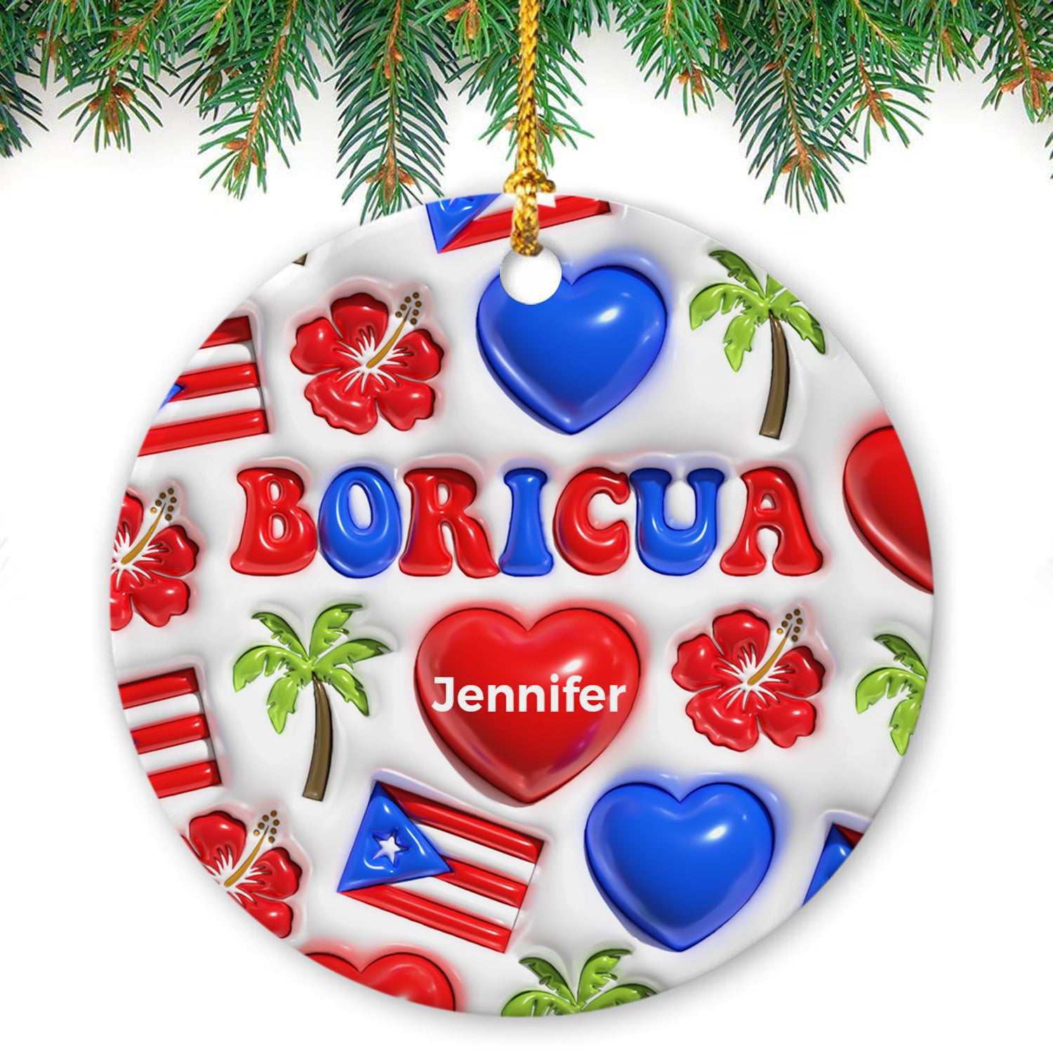 Custom Puerto Rico Boricua Ornament With Heart Symbols