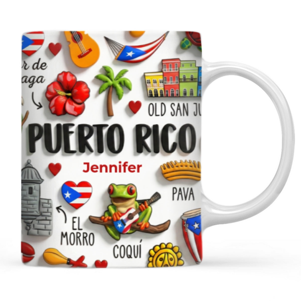Puerto Rico Coffee Mug Cup With Custom Your Name Emboss Effect