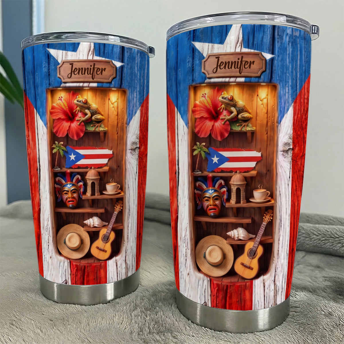 Custom Puerto Rico Tumbler With 3D Effect And Wood Texture Print