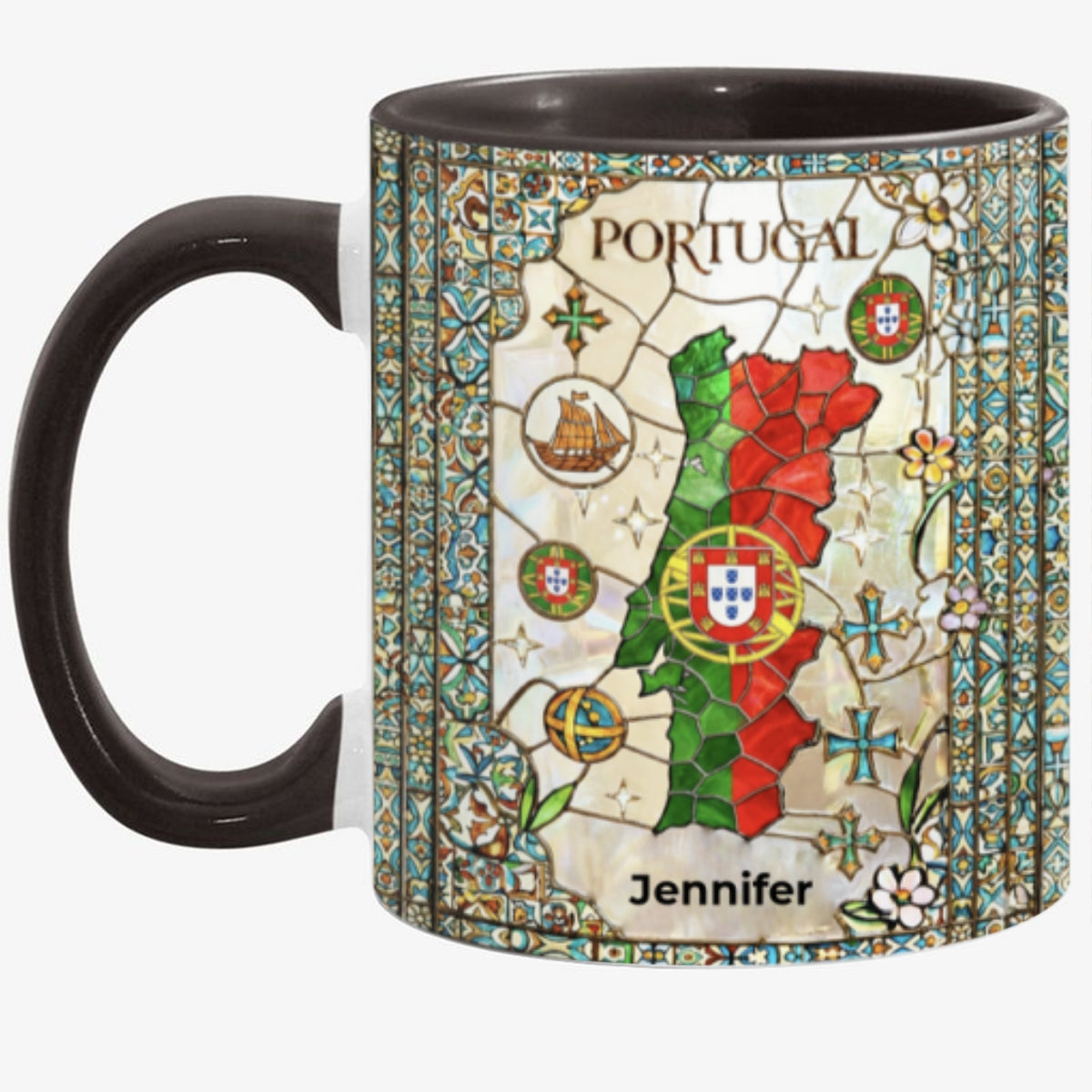 Custom Portugal Accent Mug With Flower Patterns