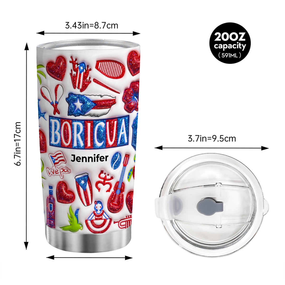 Custom Boricua Tumbler With Your Name With Glitter Effect Print
