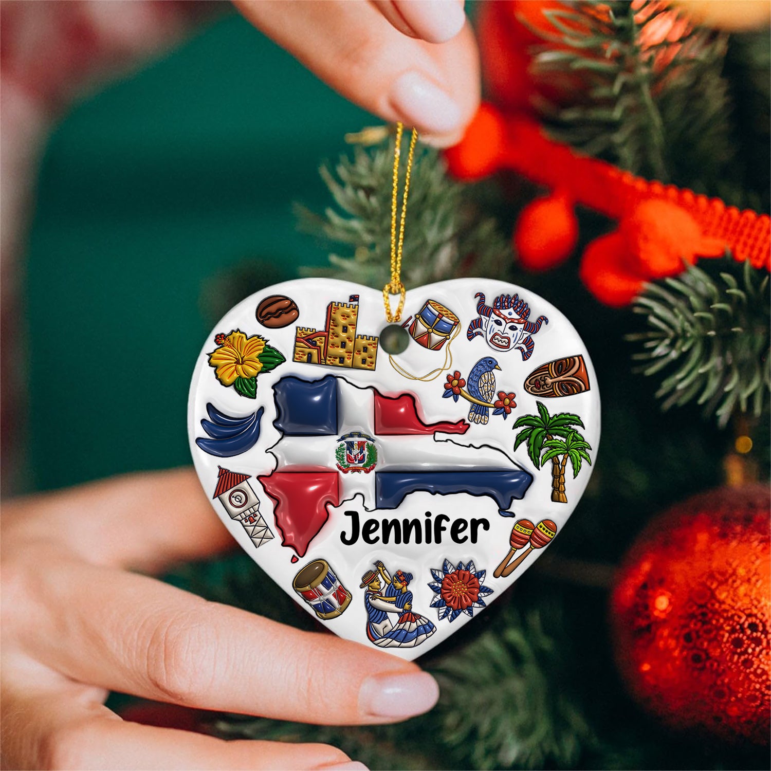 Custom Dominican Republic Heart Ornament With Many Symbols