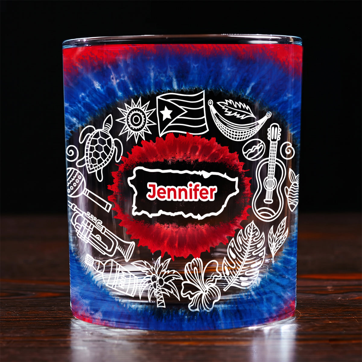 Custom Puerto Rico Tie Dye Whiskey Glass And Name