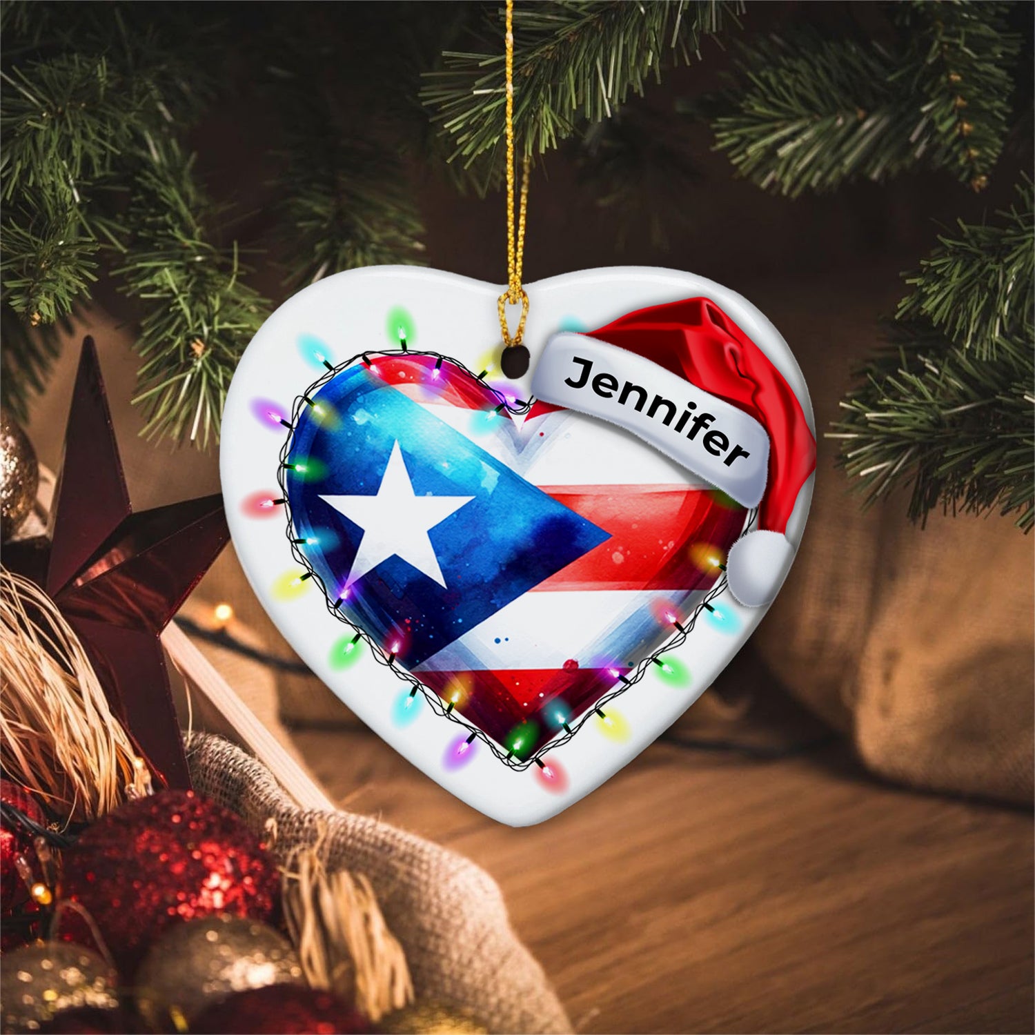 Custom Puerto Rico Light Christmas Heart Ornament