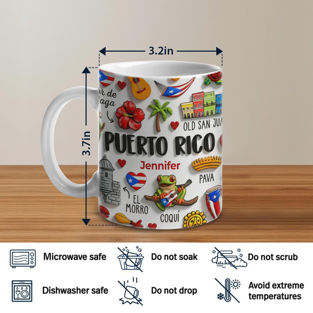 Puerto Rico Coffee Mug Cup With Custom Your Name Emboss Effect