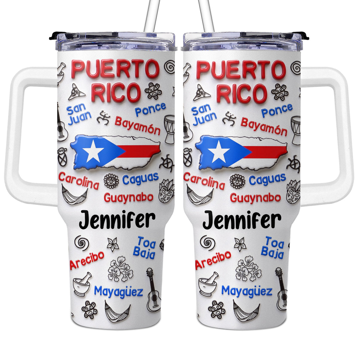 Custom Puerto Rico 40oz Tumbler Symbols With Puerto Rico Cities Around