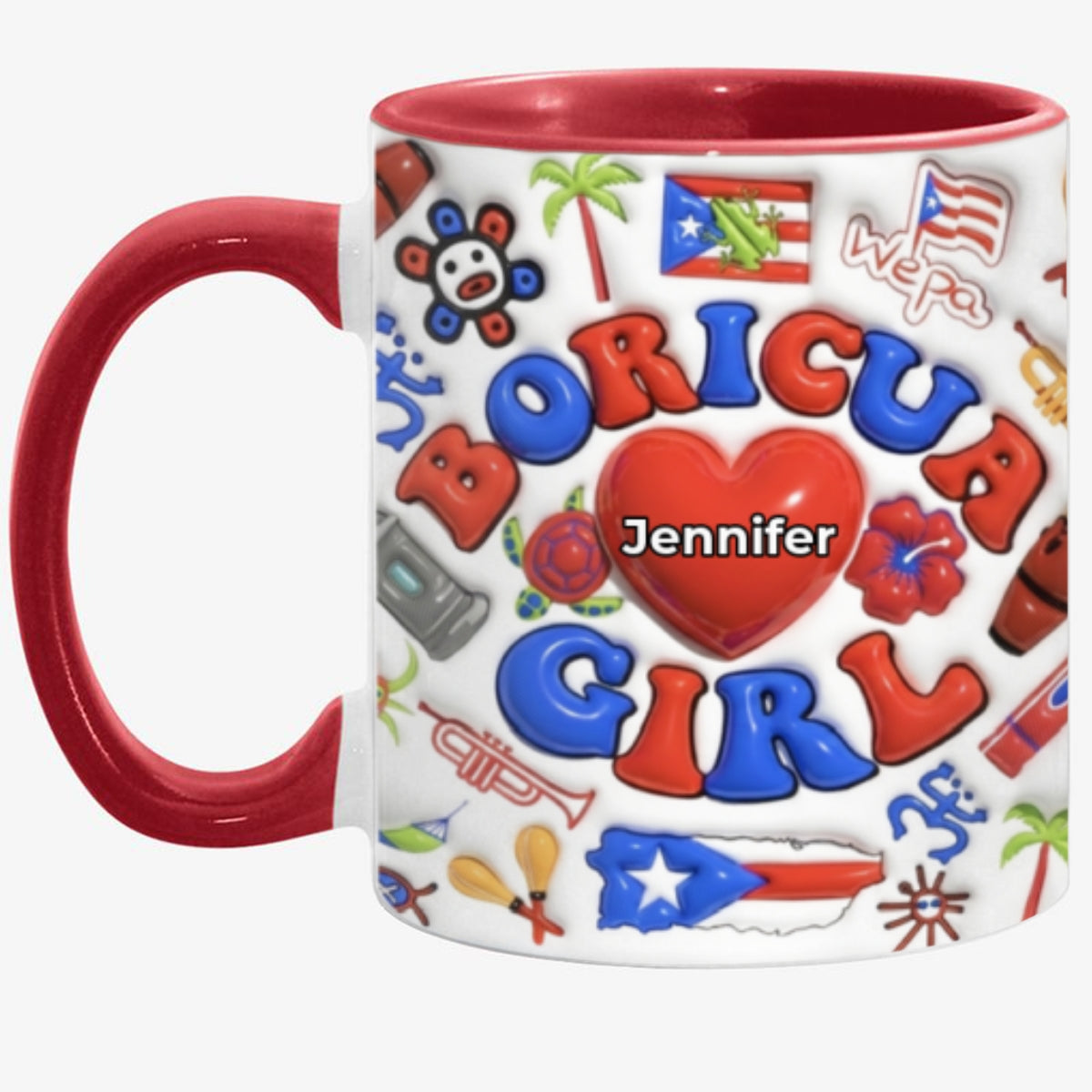 Custom Boricua Girl Accent Coffee Mug Cup With Name On Heart