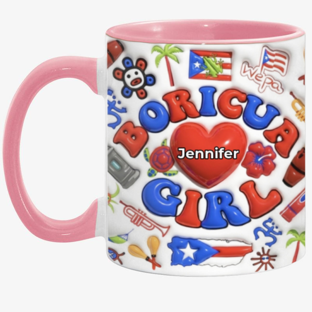Custom Boricua Girl Accent Coffee Mug Cup With Name On Heart