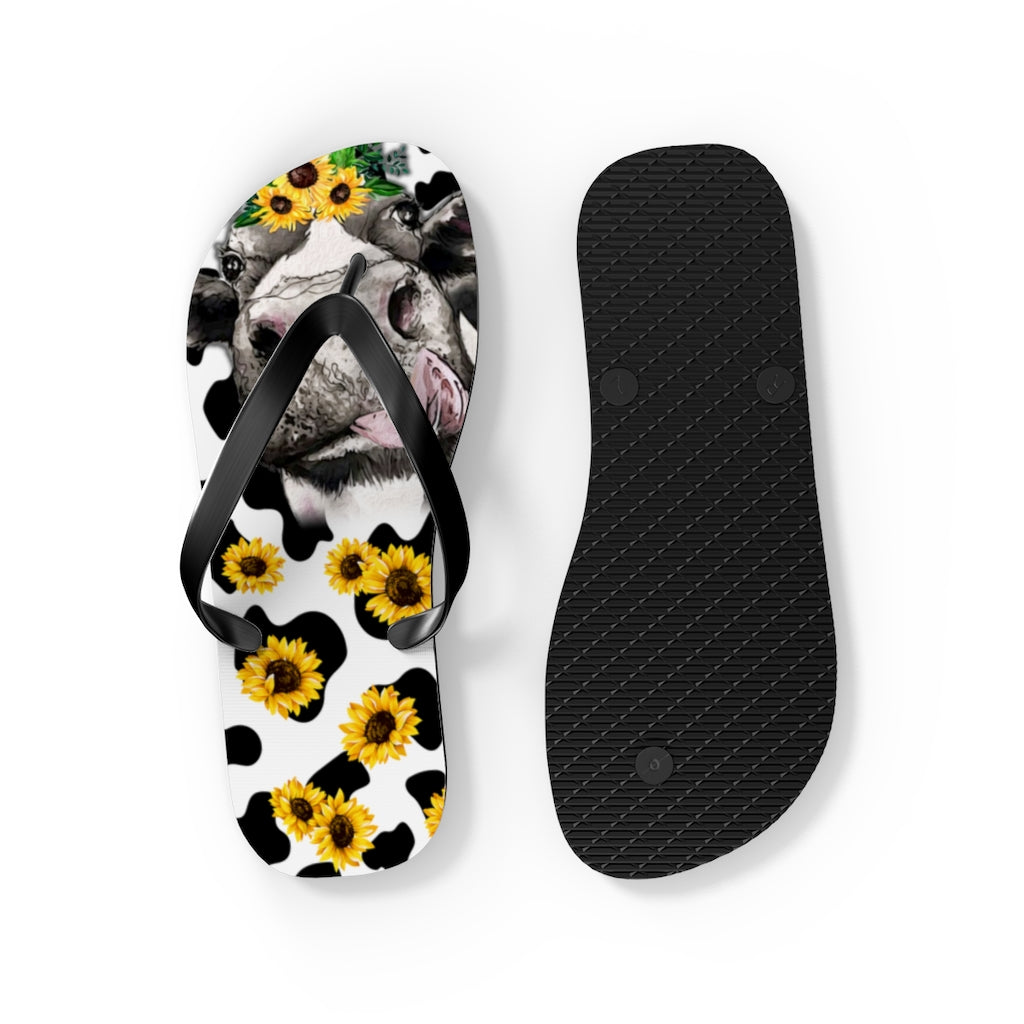 Cow Print Flip Flops With Sunflower