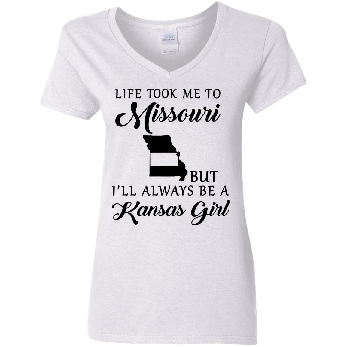 Life Took Me To Missouri Always Be A Kansas Girl V Neck T Shirt - T-shirt Teezalo