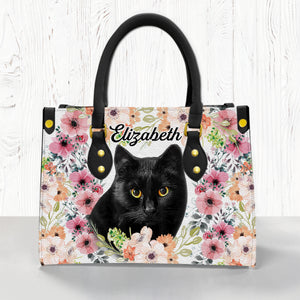 Cat Personalized Leather Handbag With Flower Pattern HH1110
