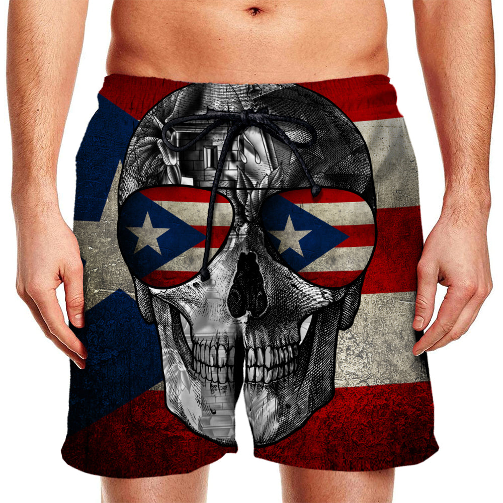 Puerto Rico Men Beach Shorts With Funny Skull