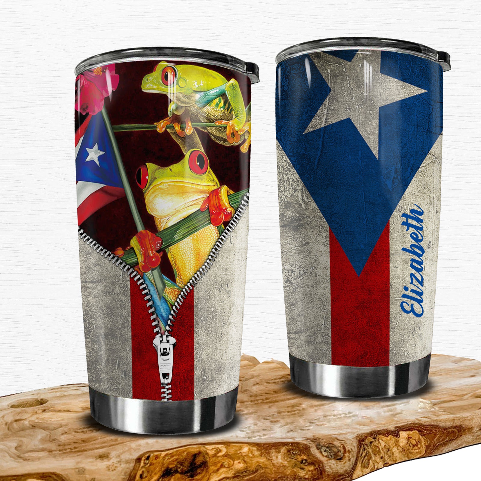 Puerto Rico Frog Tumbler Zipper Flag Personalized Steel Cup