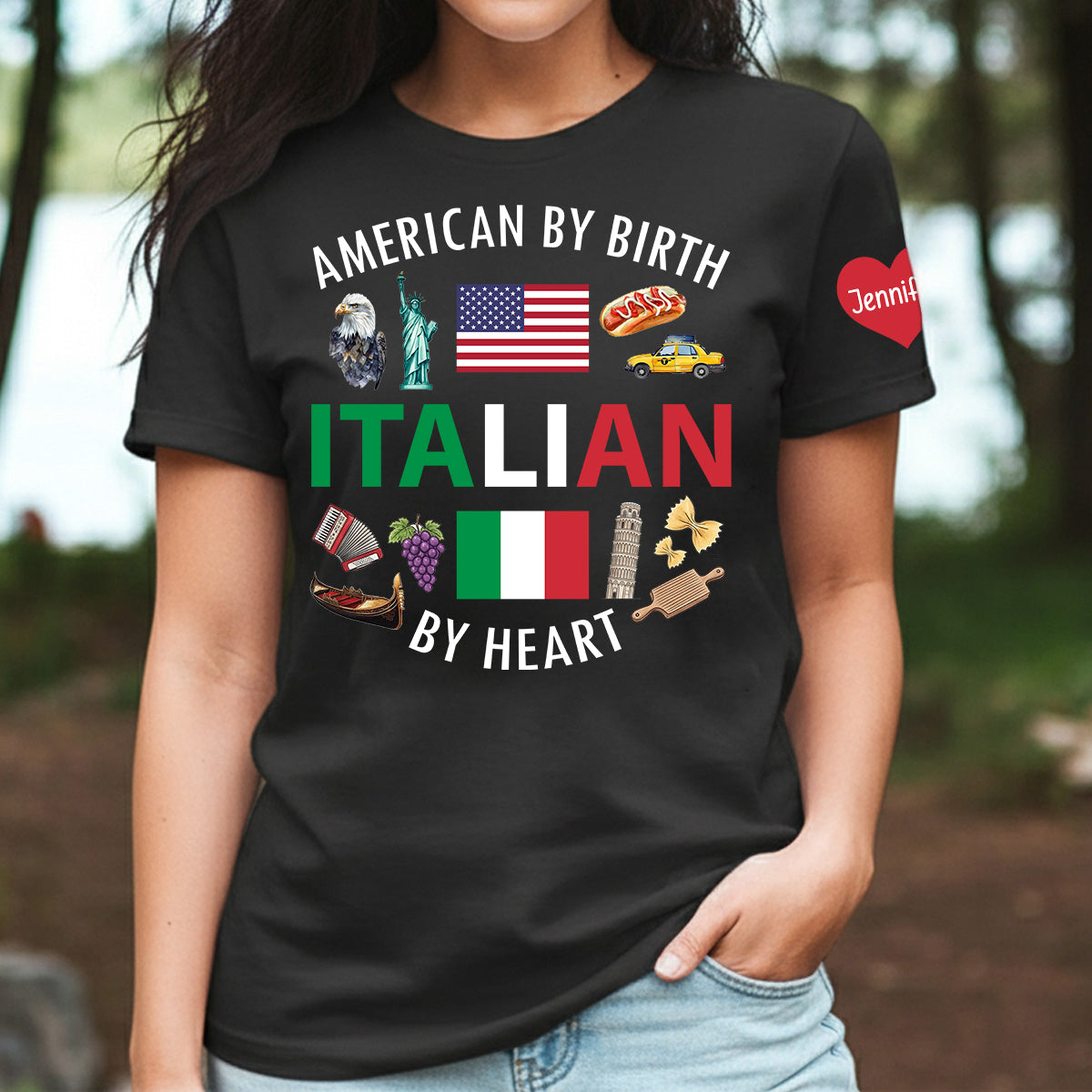 Custom Italian By Heart T-shirt With Name On The Sleeve