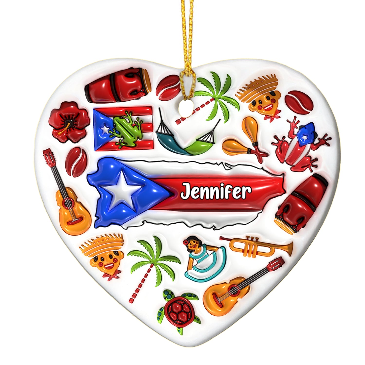 Custom Puerto Rico Heart Ornament With Many Symbols