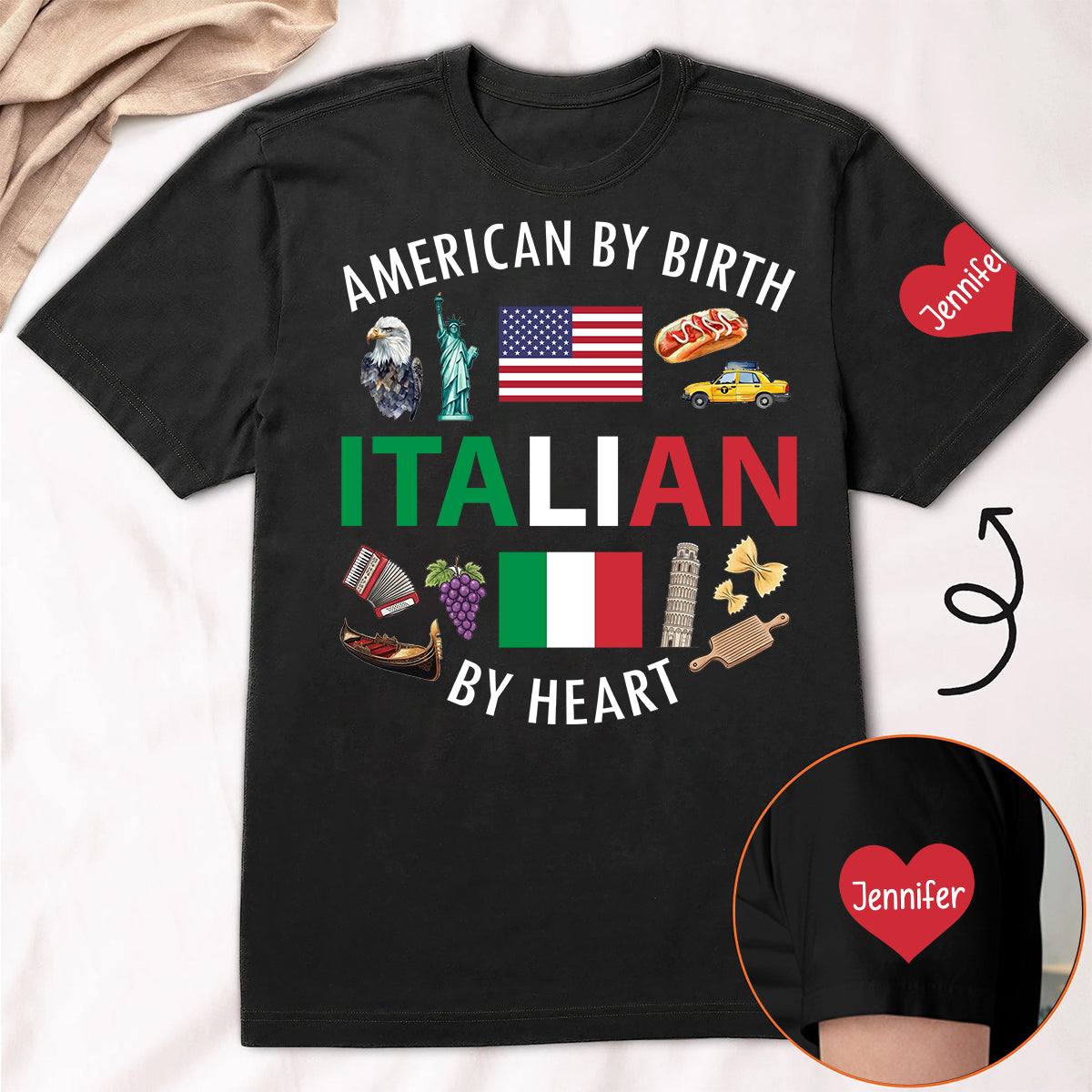Custom Italian By Heart T-shirt With Name On The Sleeve