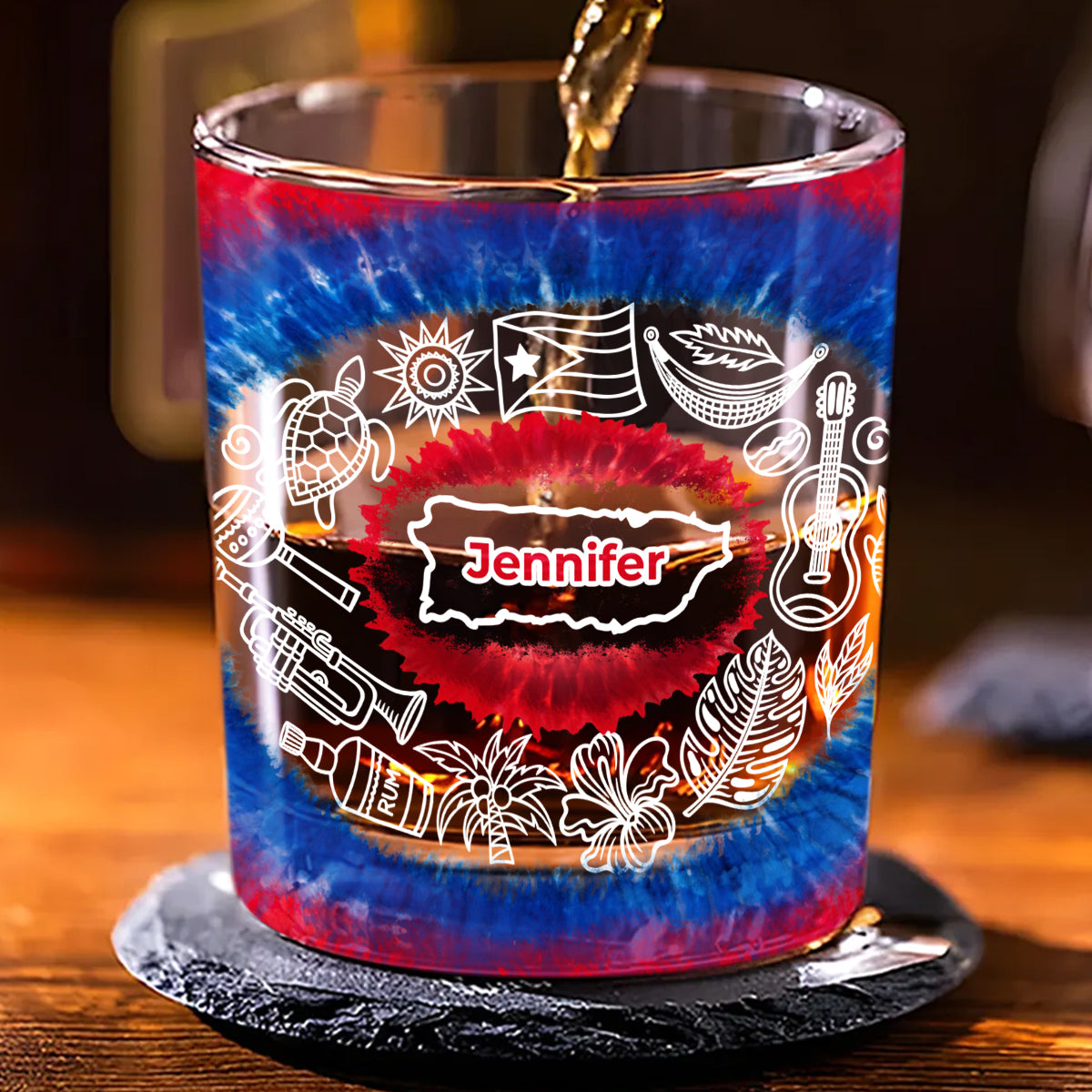 Custom Puerto Rico Tie Dye Whiskey Glass And Name