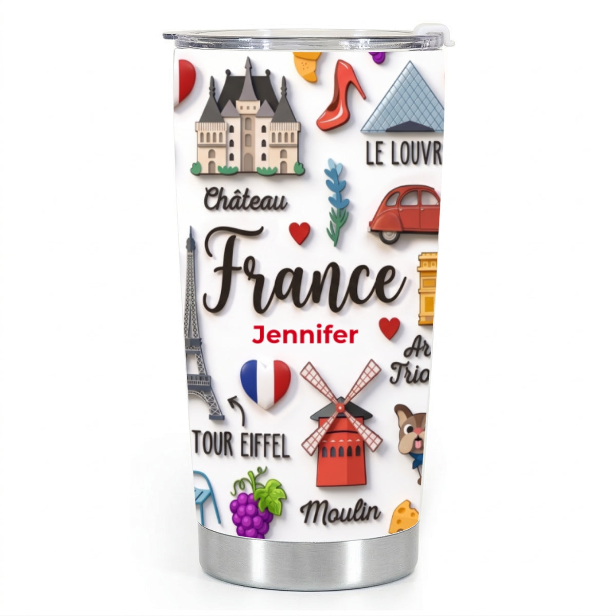 France Tumbler With Custom Your Name Emboss Effect