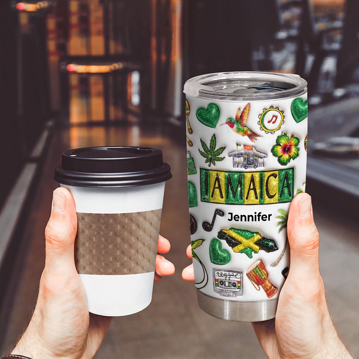 Custom Jamaica Tumbler With Your Name With Glitter Effect Print