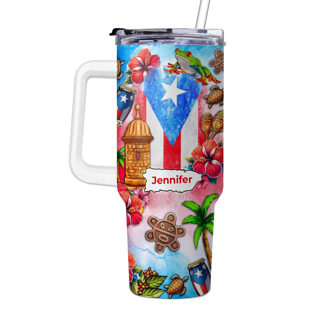 Custom Puerto Rico Tumbler 40oz With Water Color Background, Symbols
