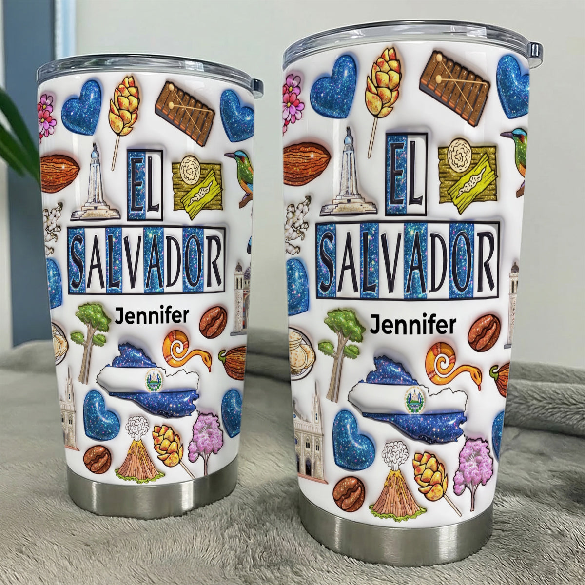 Custom El Salvador Tumbler With Your Name With Glitter Effect Print