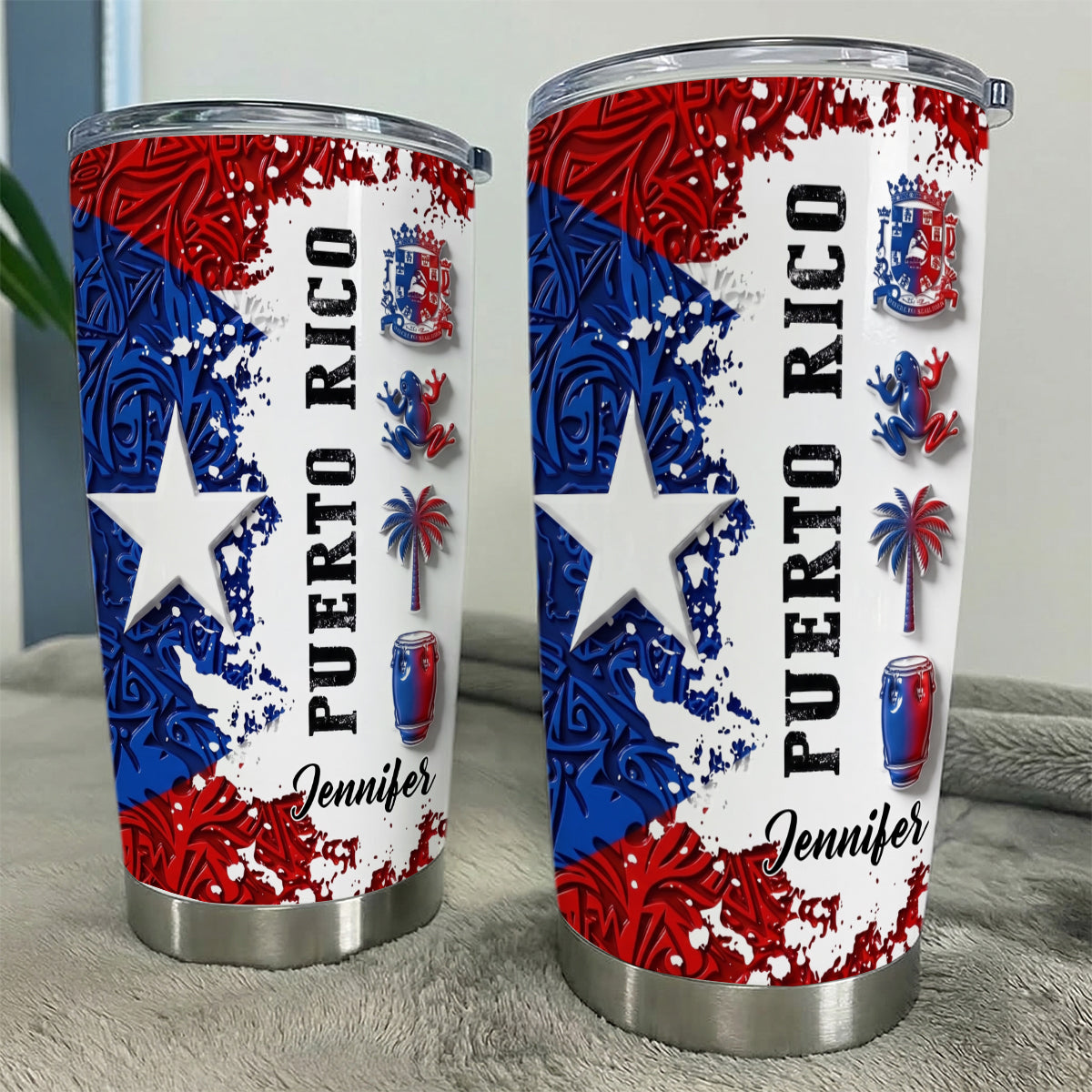 Custom Puerto Rico With 3D Colorful Symbols Print Tumbler