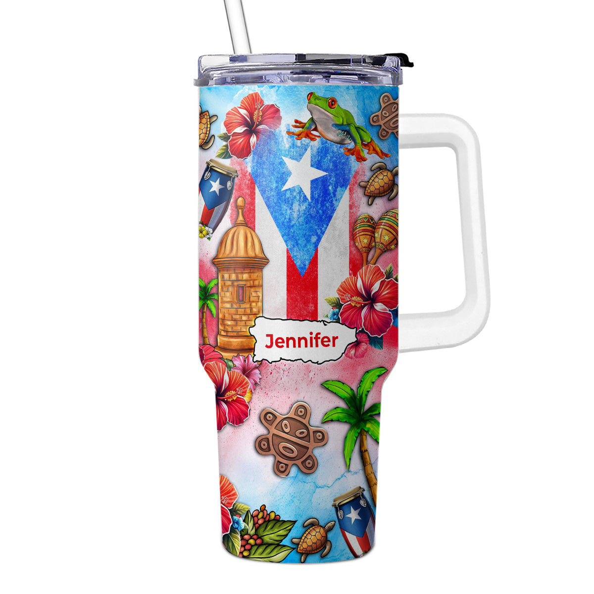 Custom Puerto Rico Tumbler 40oz With Water Color Background, Symbols