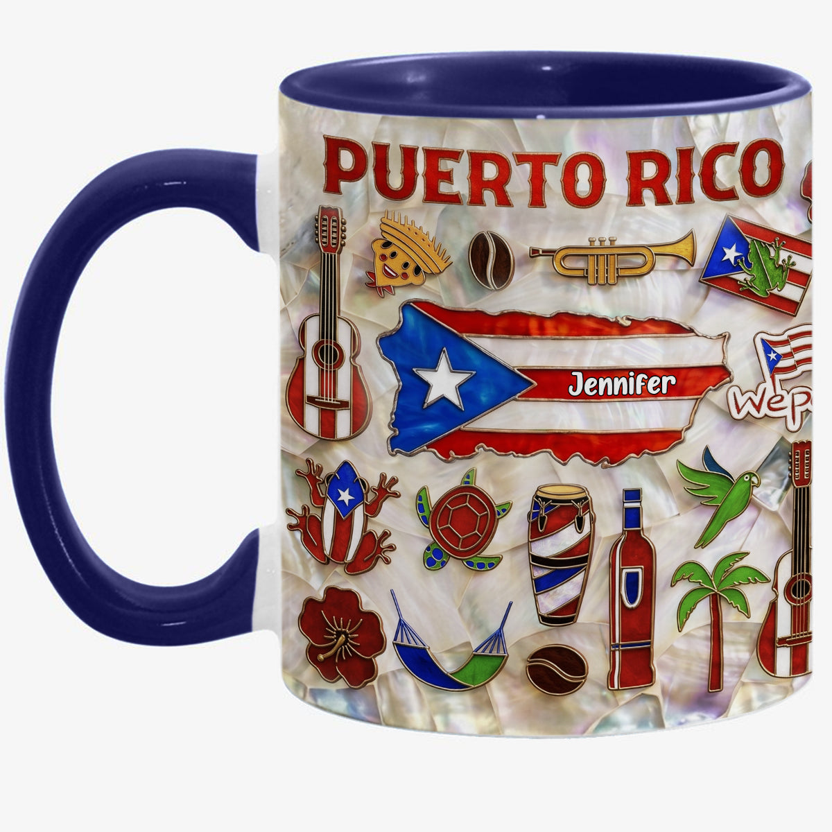 Personalized Puerto Rico Map 2D Printed Coffee Mug Cup, Custom Name Puerto Rico Gifts Souvenirs