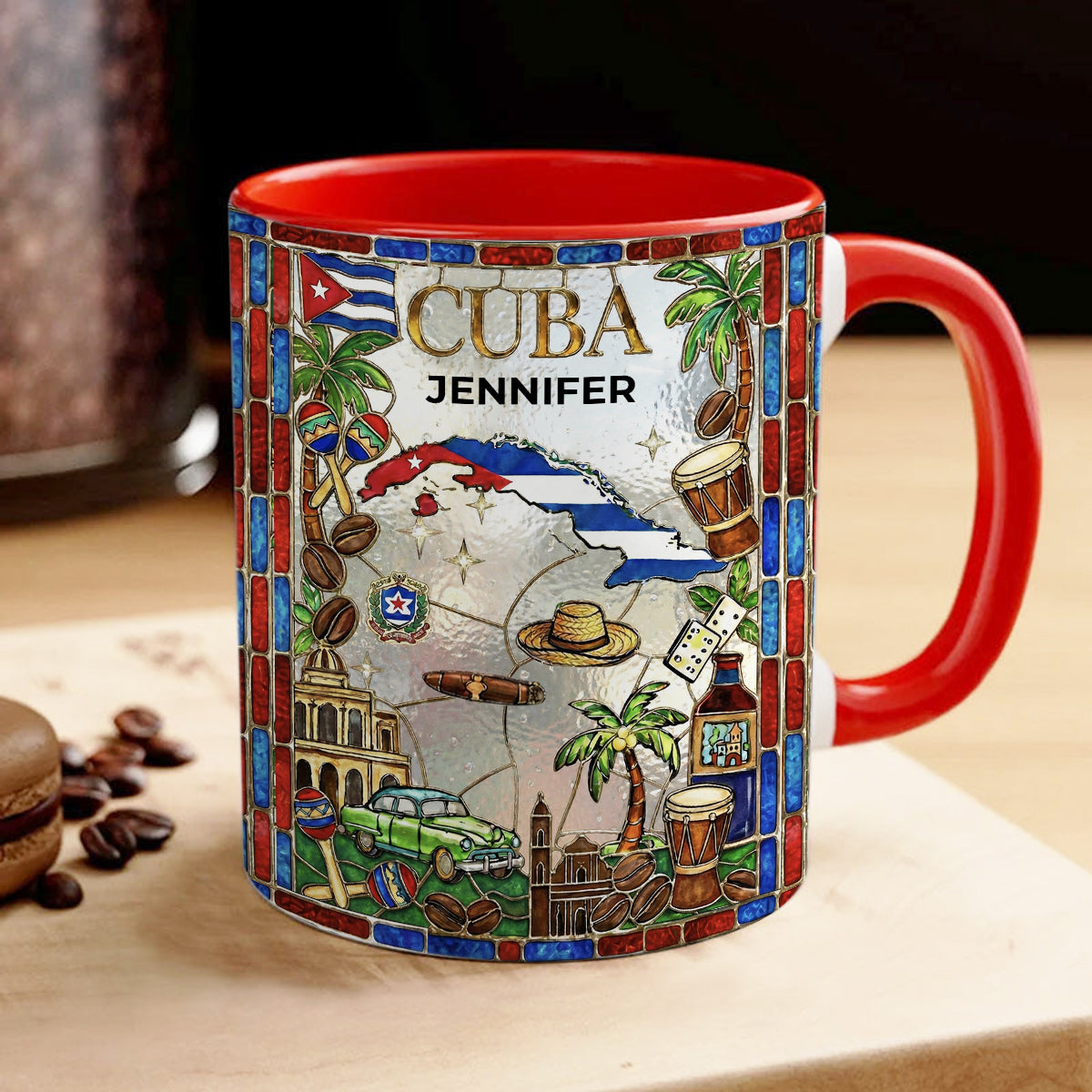 Custom Cuba Accent Mug With Red Blue Patterns