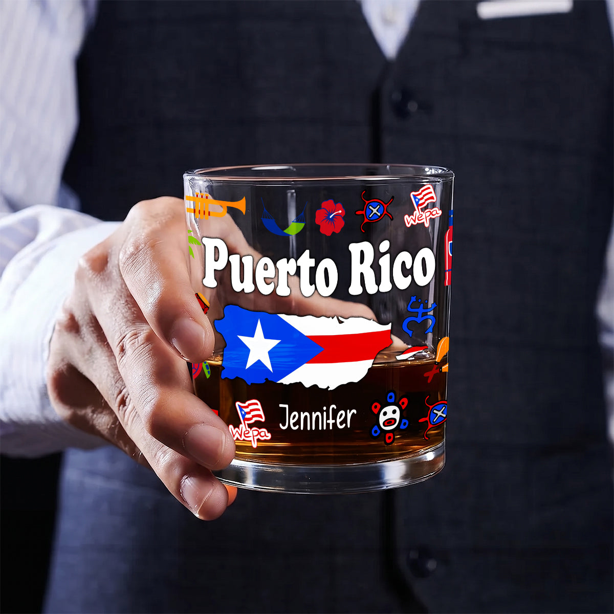 Custom Puerto Rico Symbols Whiskey Glass And Name