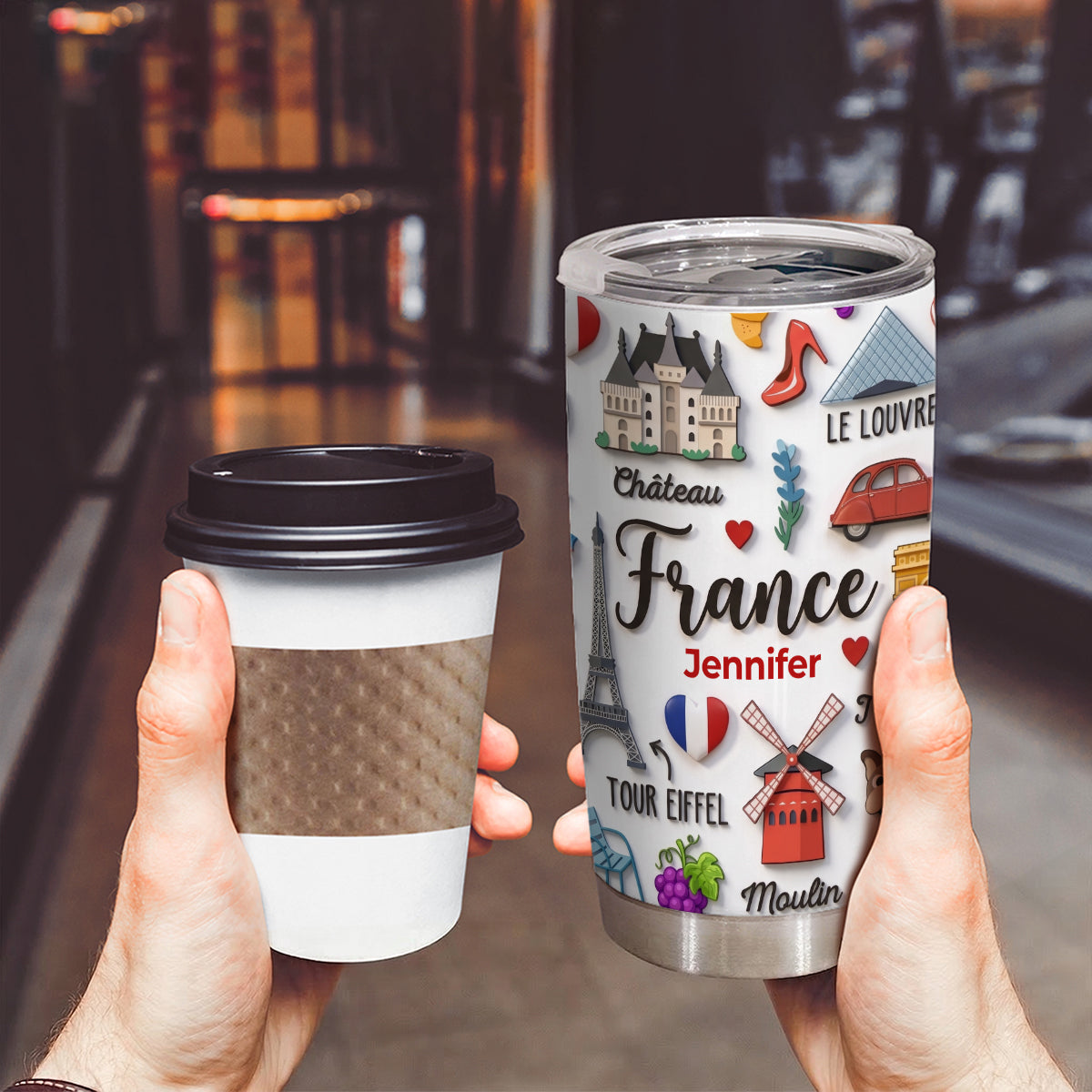 France Tumbler With Custom Your Name Emboss Effect