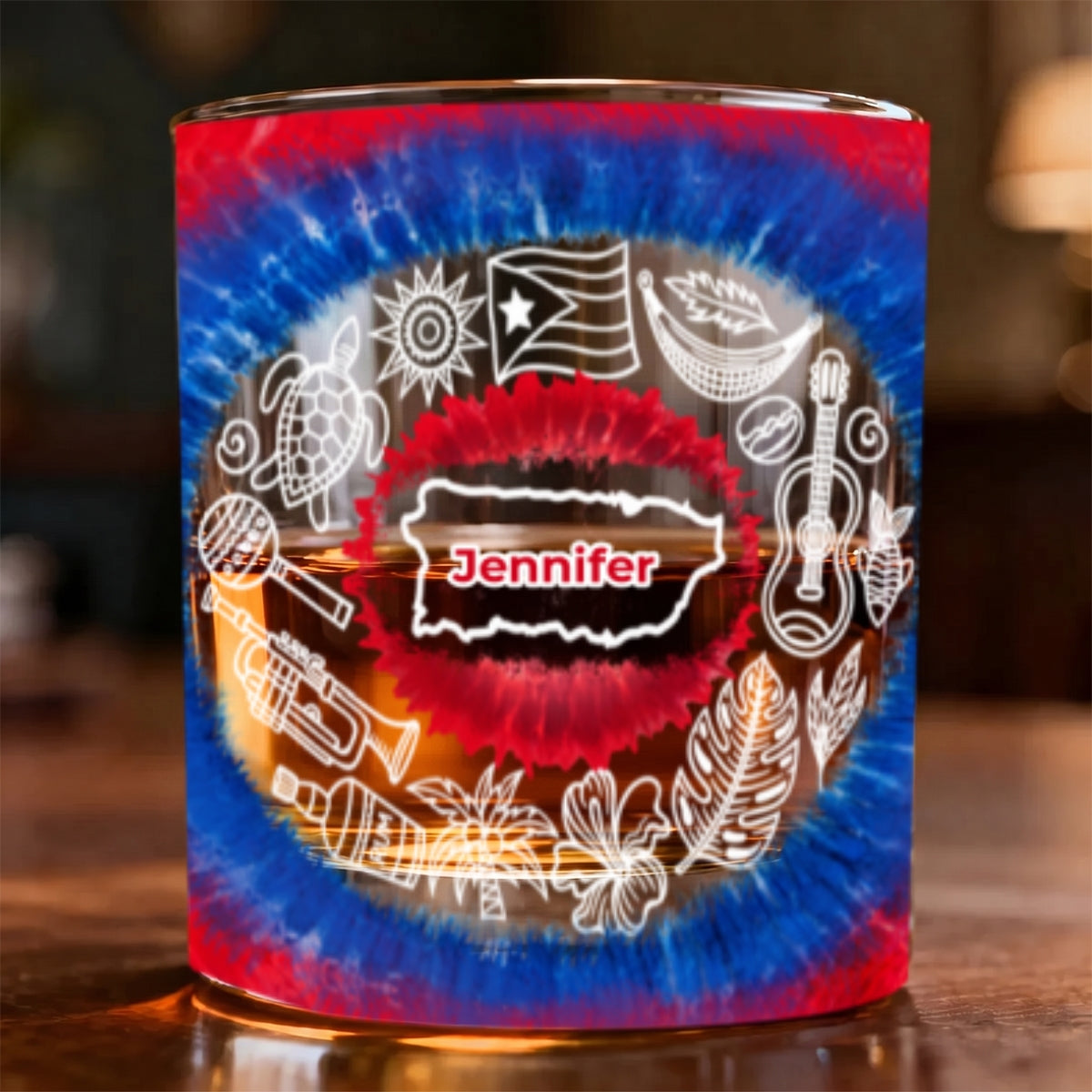 Custom Puerto Rico Tie Dye Whiskey Glass And Name