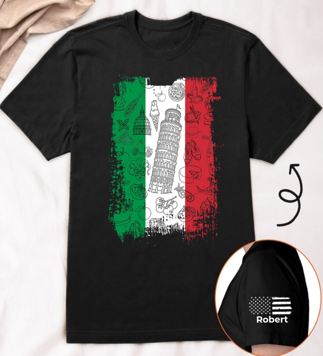 Italy Flag T-Shirt With Custom Name On Sleeve