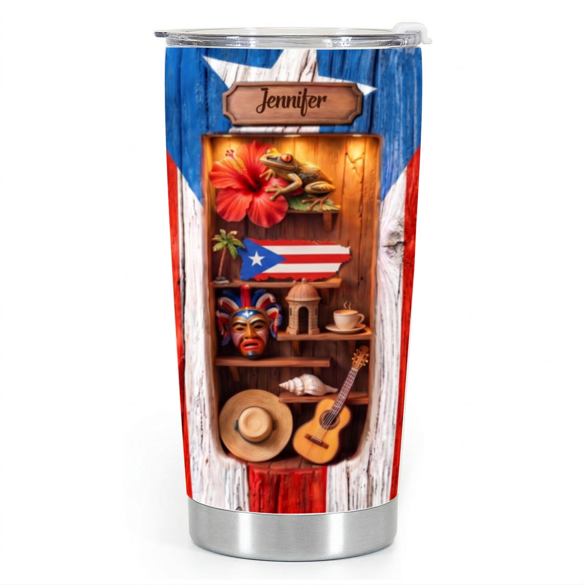 Custom Puerto Rico Tumbler With 3D Effect And Wood Texture Print