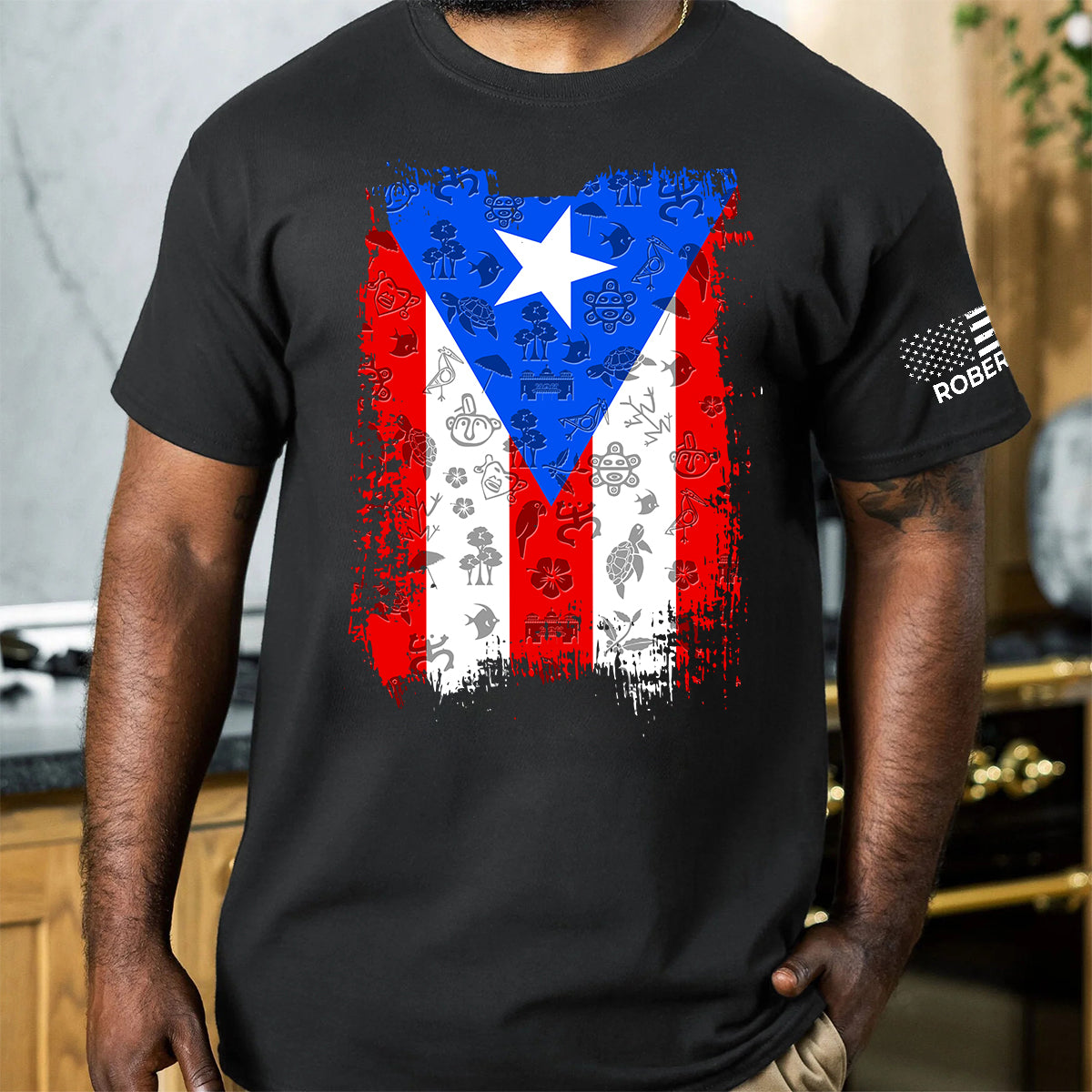 Puerto Rico Flag T-Shirt with Custom Name On Sleeve
