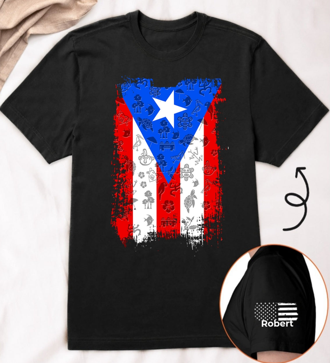 Puerto Rico Flag T-Shirt with Custom Name On Sleeve