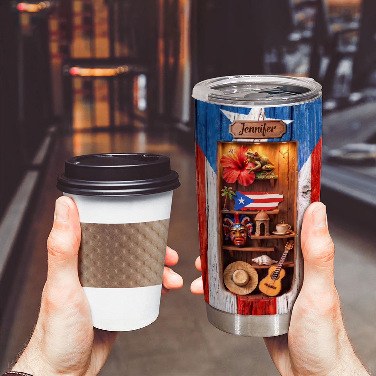 Custom Puerto Rico Tumbler With 3D Effect And Wood Texture Print