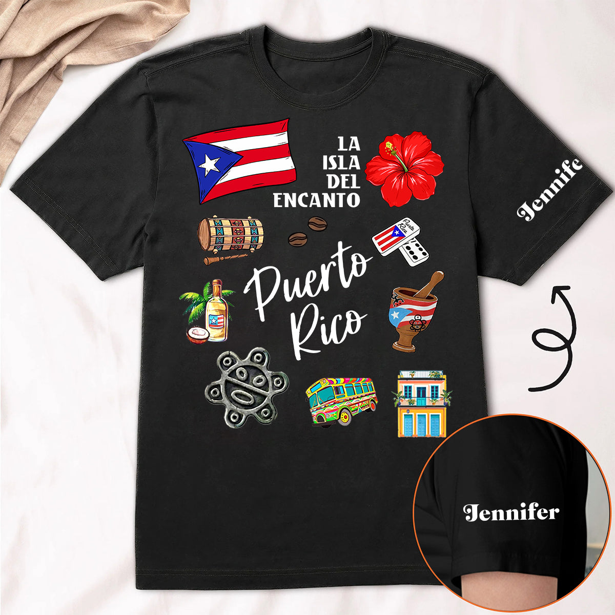 Custom Puerto Rico Symbols T-shirt With Name On The Sleeve