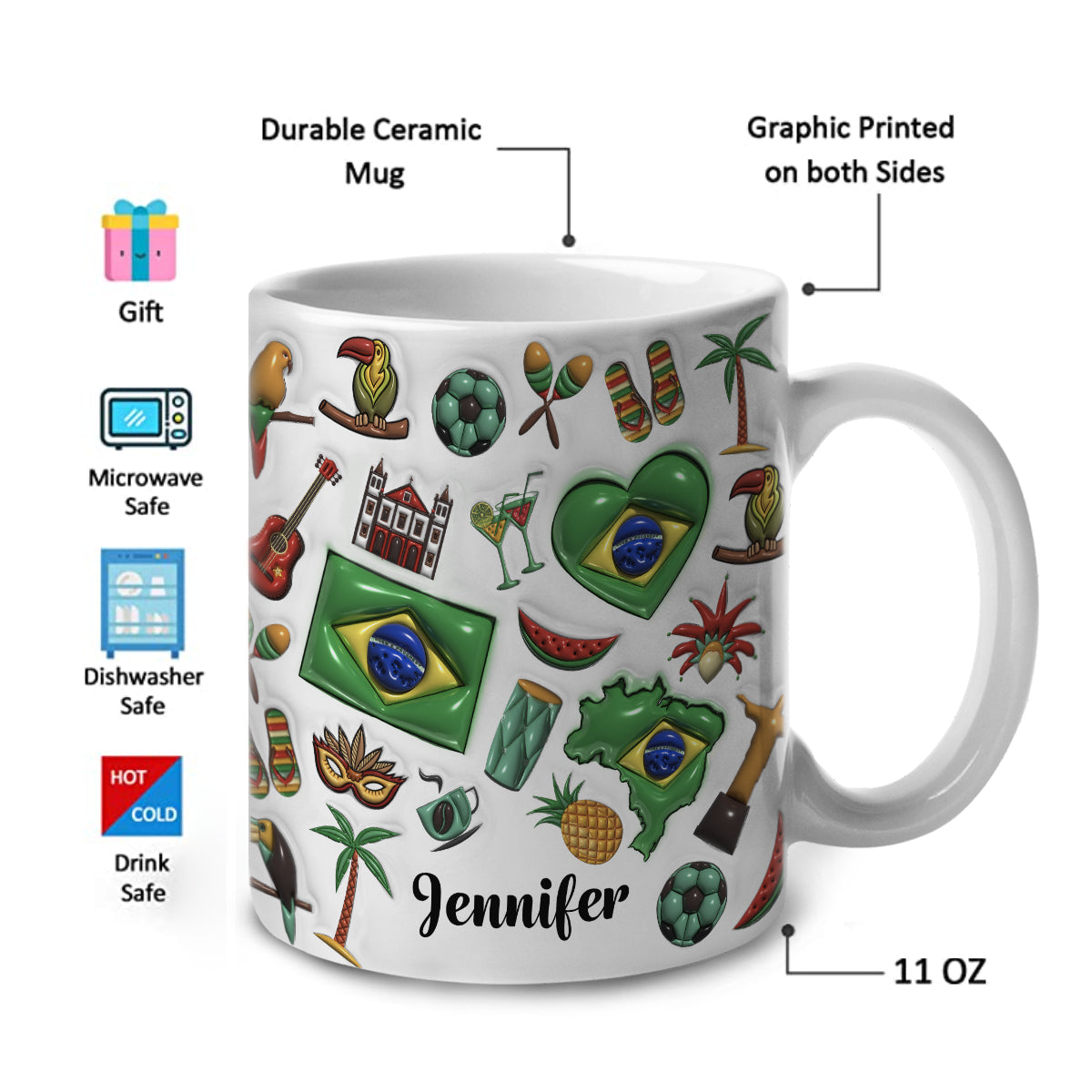 Custom Brazil Coffee Mug Cup With Heart, Map, Flag