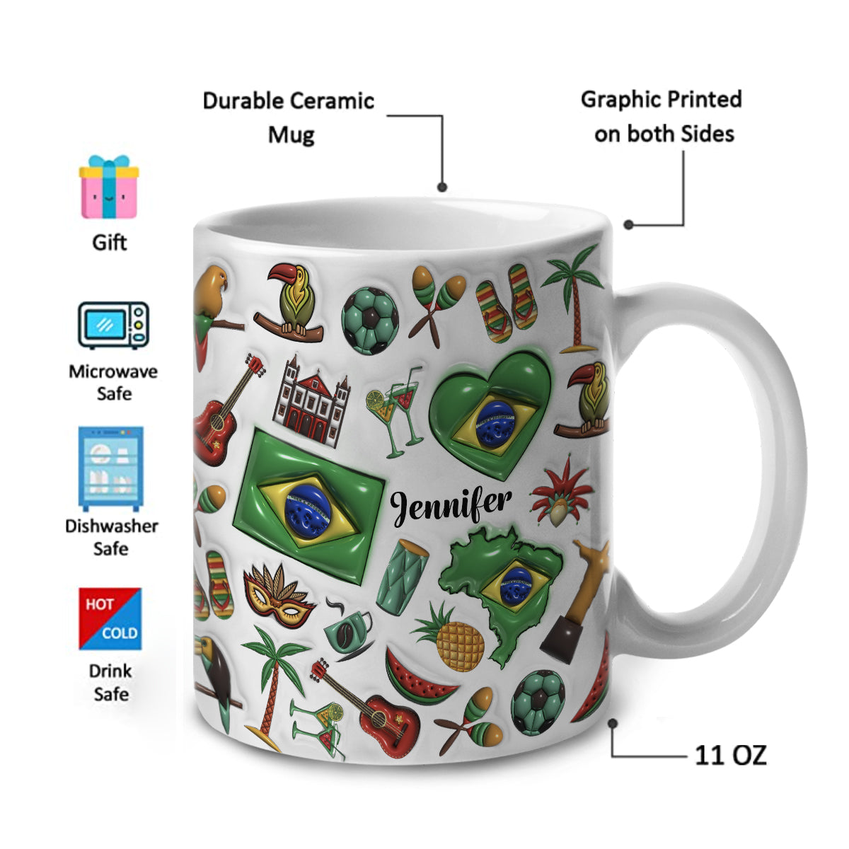 Custom Brazil Coffee Mug Cup With Heart, Map, Flag