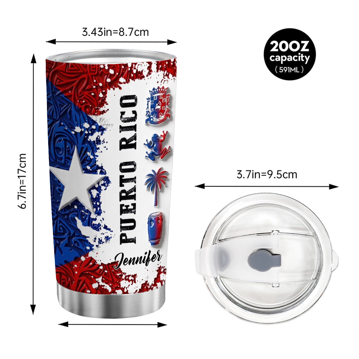Custom Puerto Rico With 3D Colorful Symbols Print Tumbler