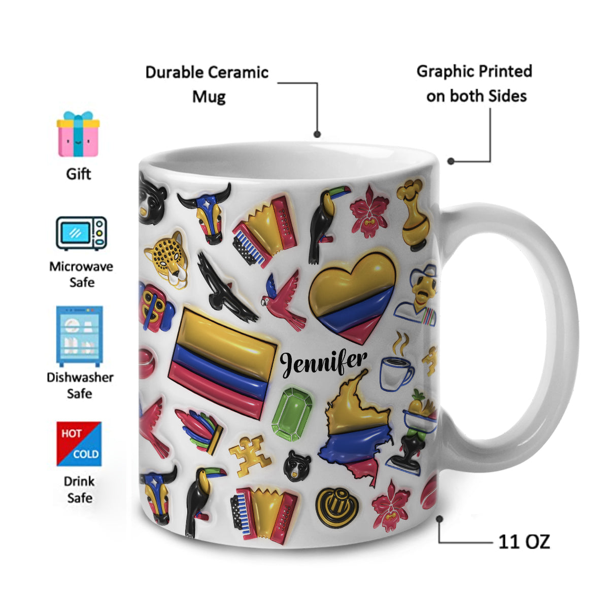 Custom Colombia Coffee Mug Cup With Heart, Map, Flag