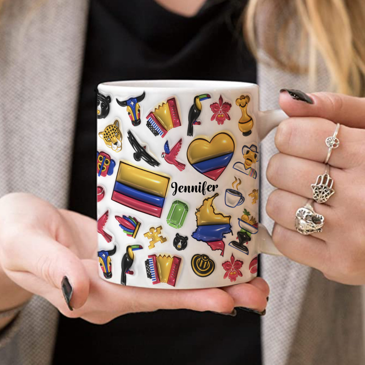 Custom Colombia Coffee Mug Cup With Heart, Map, Flag