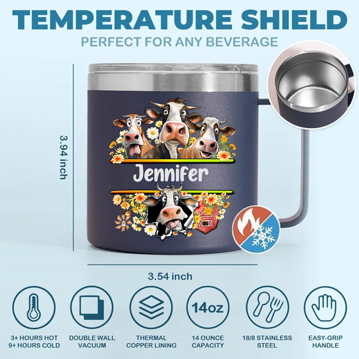 Funny Cow Custom 14oz Stainless Steel Tumbler With Handle