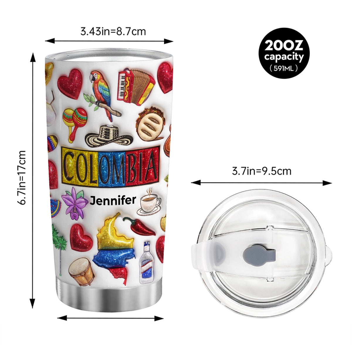 Custom Colombia Tumbler With Your Name With Glitter Effect Print
