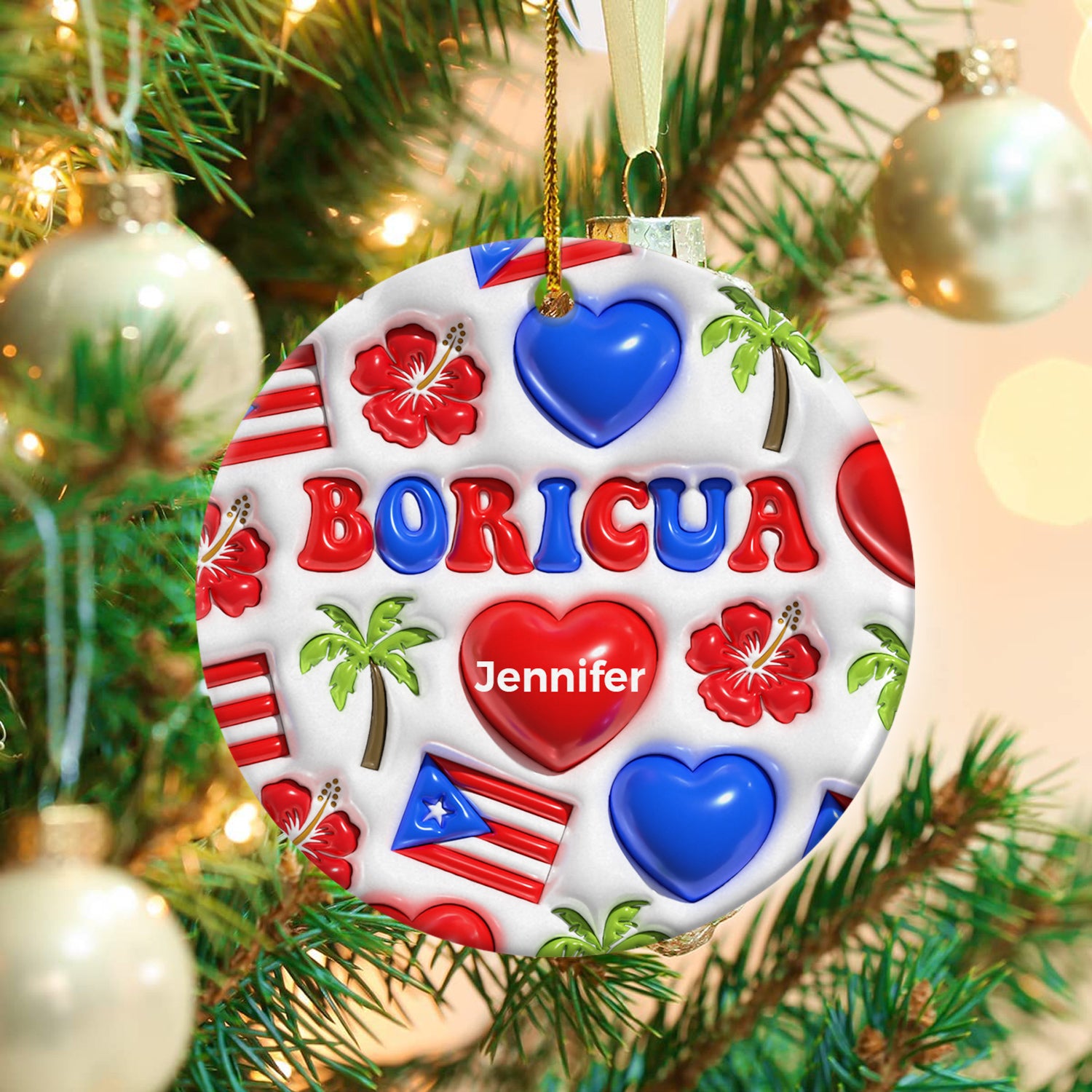 Custom Puerto Rico Boricua Ornament With Heart Symbols