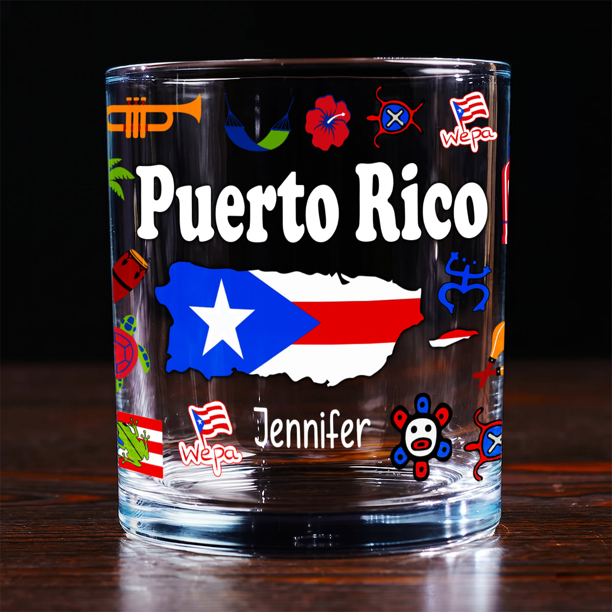 Custom Puerto Rico Symbols Whiskey Glass And Name