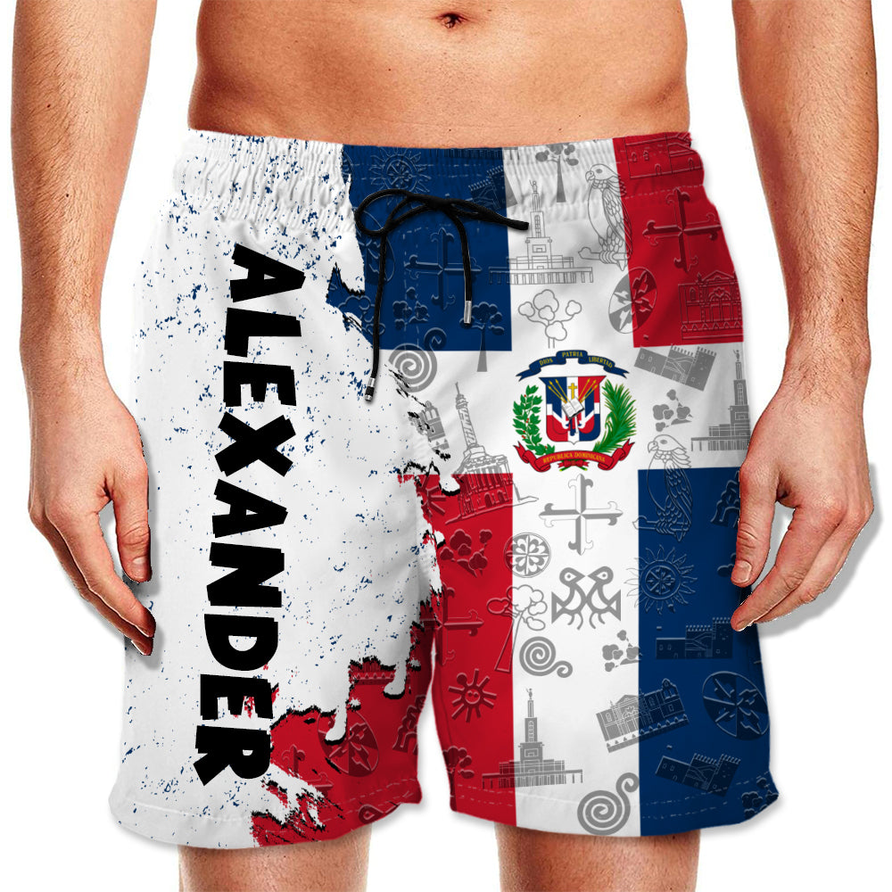 Dominican Half Flag With Grunge Brush Men's Personalized Beach Shorts